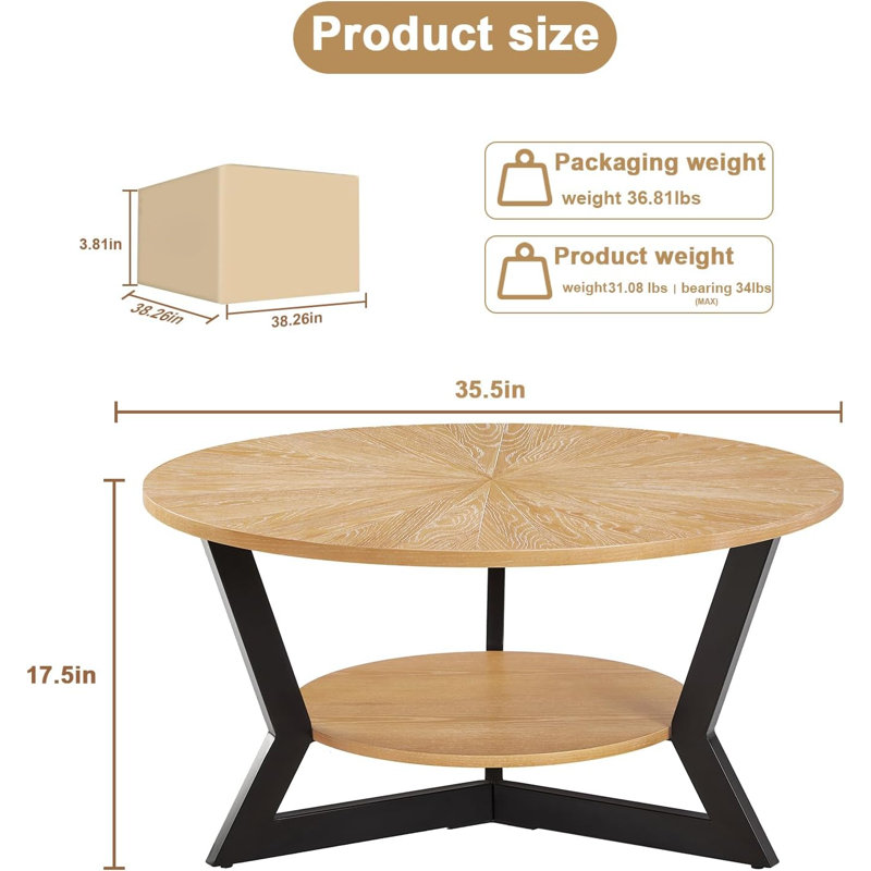 Table basse ronde en bois pour le salon, table basse rustique circulaire à 2 niveaux avec rangement, bureau en bois véritable avec structure en métal, conception à motifs radiaux