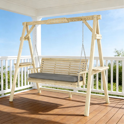 Conversation Swing In Outdoor Setting, Made Of Wood, With Adjustable Height, Comfortable Cushion And Side Trays Chair Chain System, Thick Padded Seating Shelf Storage