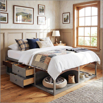 Très grand lit avec tiroirs de rangement, lit plateforme sans tête de lit avec lumière, conception adaptée aux animaux de compagnie, aucun sommier tapissier requis, style minimaliste moderne