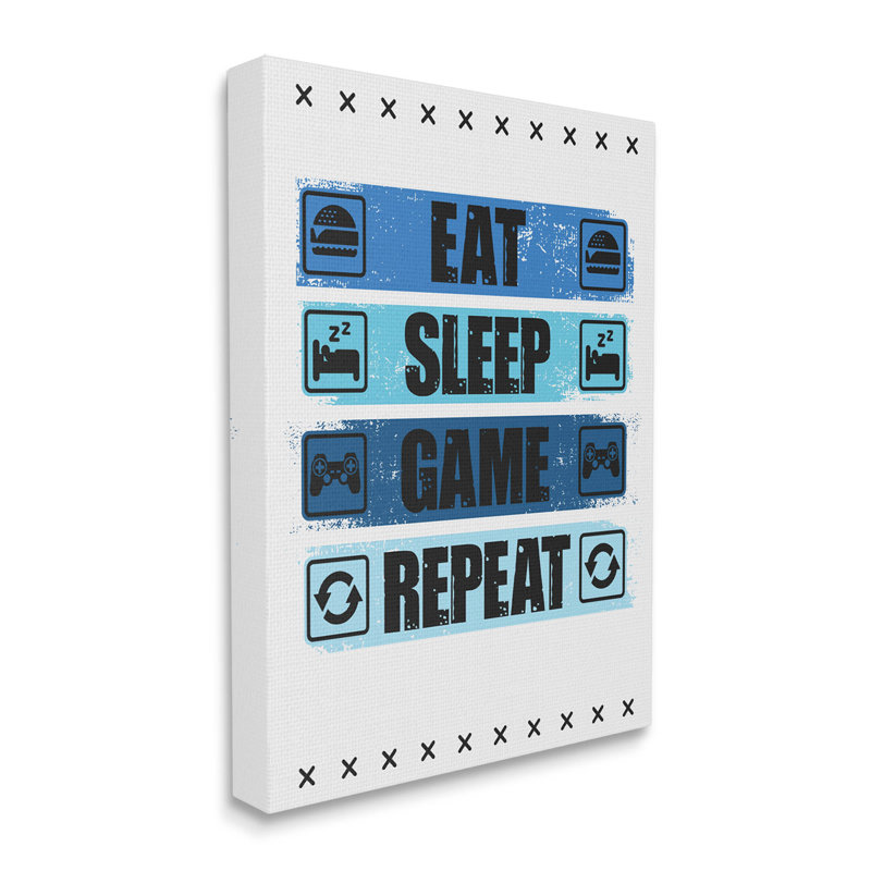 "Eat Sleep Game Répétition", art mural par Angela Nickeas, H 30 po x l 24 po x P 1,5 po