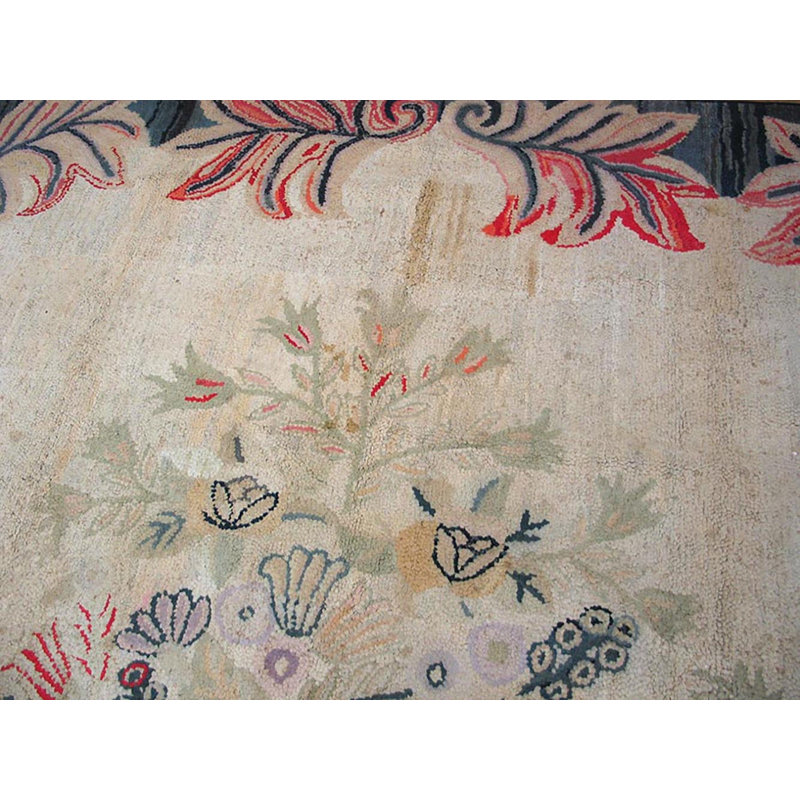 Ivory Room Size Antique European Floral Medallion American Hooked Rug