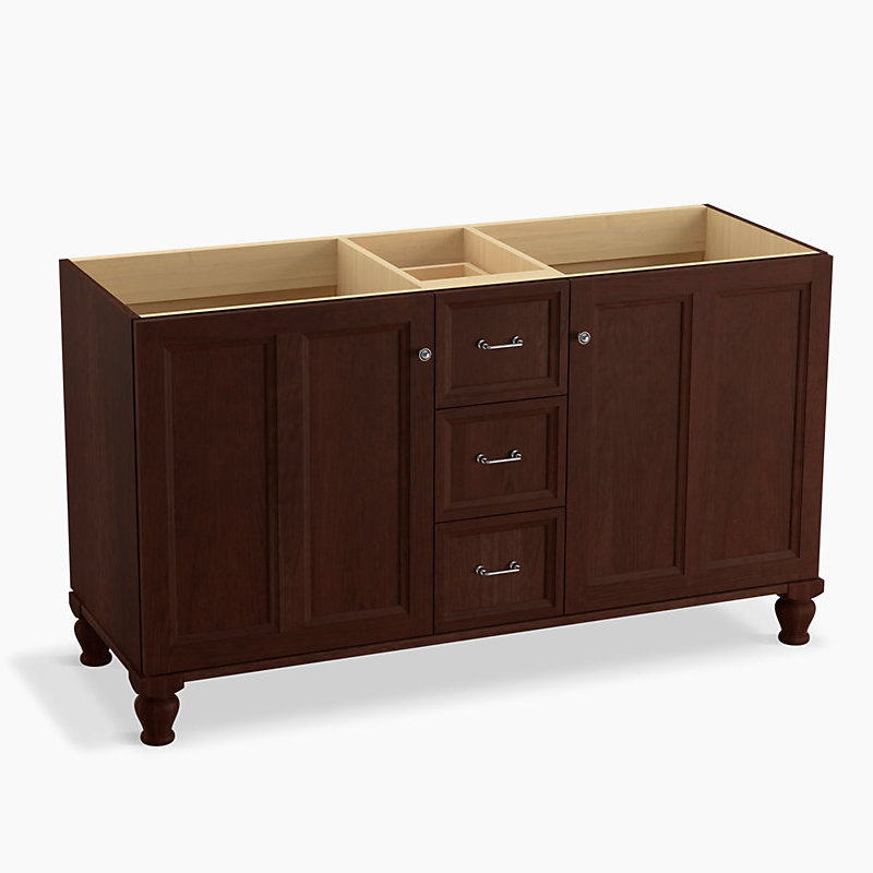 Damask 60.75" Vanity Base Only with Furniture Legs, 2 Doors and 3 Drawers, Split Top Drawer, Tweed cerise