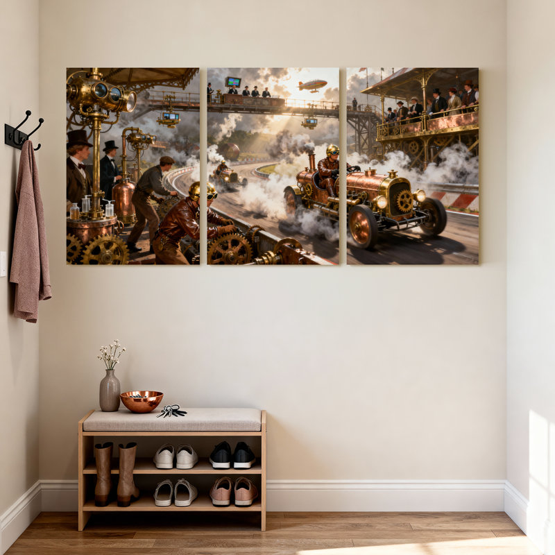 Fantaisie et science-fiction, scène de course Steampunk avec machines en cuivre, ensemble de 3 impressions sur toile