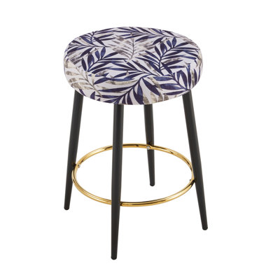 Counter Height Bar Stools Set Of 2, PU Kitchen Stools Upholstered Dining Chair Stools 24 Inches Height With Golden Footrest For Kitchen Island Coffee Shop Bar Home Balcony Silver Leaves Velvet