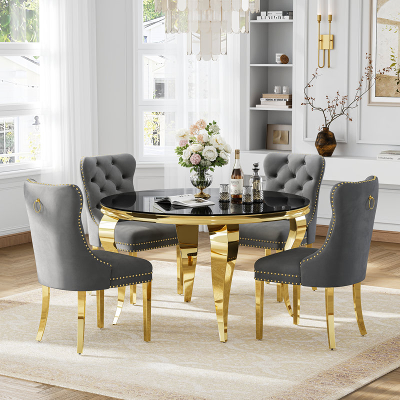 Modern 5-Piece Round Dining Set, 10Mm Black Tempered Glass Dining Table With Mirror Stainless Steel S-Shaped Legs & Velvet Upholstered Dining Chairs With Tufted Backrest And Nailhead Trim