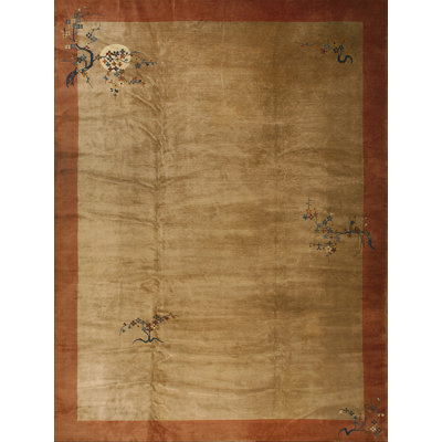 Large Room Size Beige Cream Color Antique Floral Chinese Art Decor Hand Knotted Rug