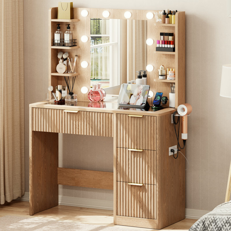 35.4″ Fluted Vanity Desk with Mirror and Adjustable LED Lights，Large 4-Drawer Makeup Dressing Table with Glass Top & Charging Hub for Bedroom, Natural Oak
