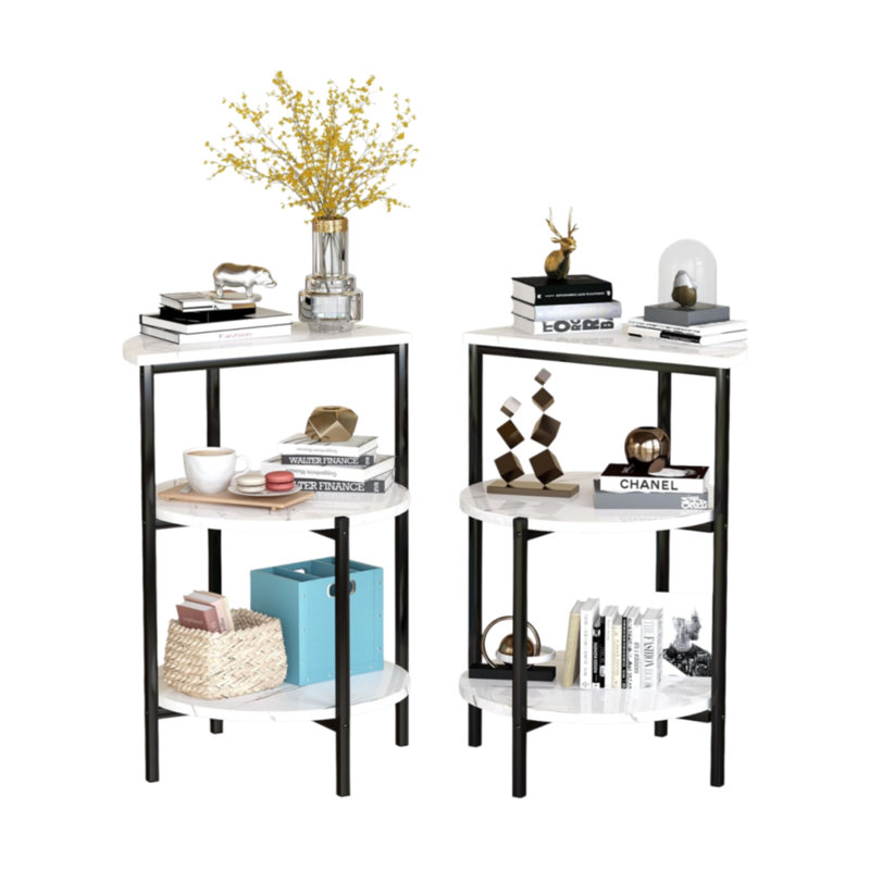 Ensemble de 2 tables de bout en faux marbre à trois niveaux, demi-lune et table d'appoint en forme d'éventail avec structure en métal, table de chevet à 3 tablettes