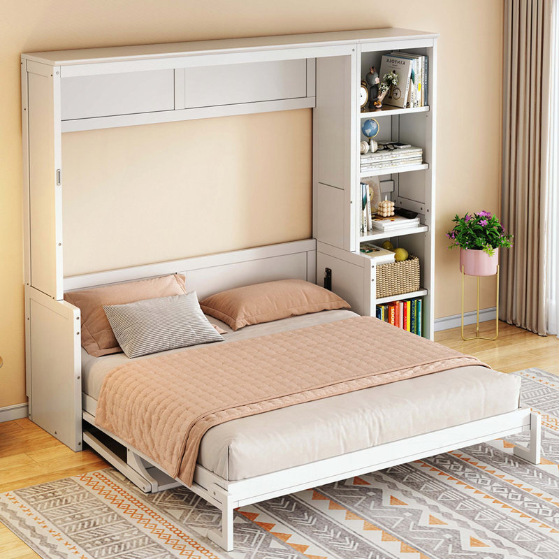 Grand lit escamotable avec bureau et tablettes, Blanc, Grand lit