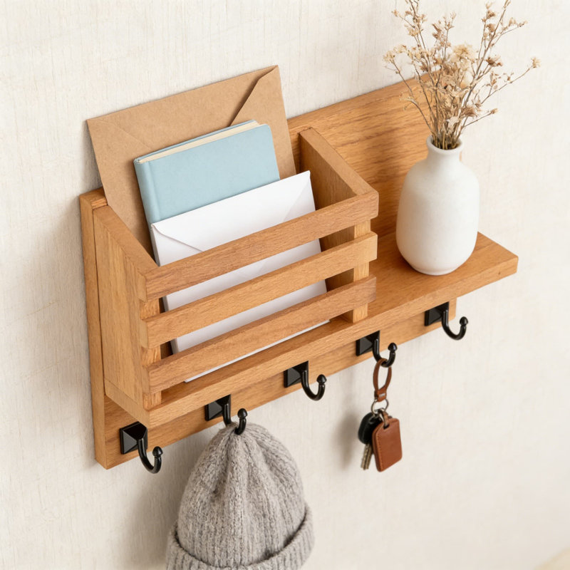 Porte-clés mural et organisateur de courrier avec 5 crochets, tablette de rangement pour clés, courrier et articles essentiels, maison de ferme rustique