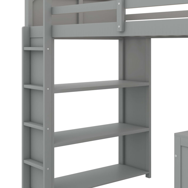 Sleek Loft Bed With Ladder & Shelves And Desk, Grey