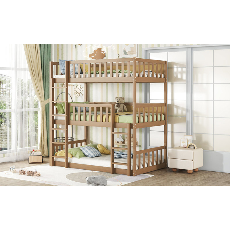 Stylish Twin Over Bunk Bed, White Oak Color Rubber Wood Triple Bed In Oak, Strong Build, Oak