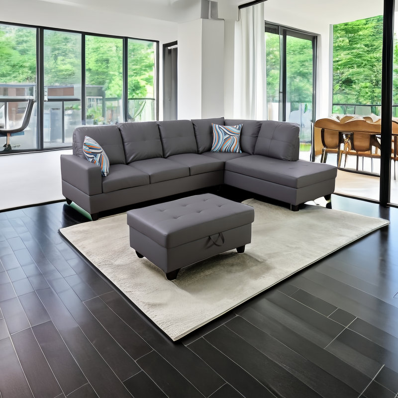 Erynne 3 - Piece L- Shaped Upholstered Living Room Sectional with Storage Ottoman, Right Hand Facing, Gray Faux Leather