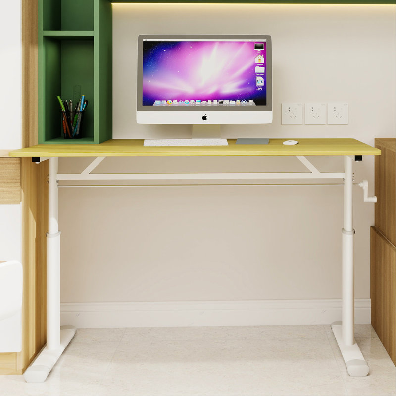 Bureau polyvalent réglable pour adultes et pour adultes, levage manuel idéal, bureau à la maison idéal, pieds de table blancs, bureau de couleur bois, structure à double colonne à hauteur de main fonctionnelle, conception simple