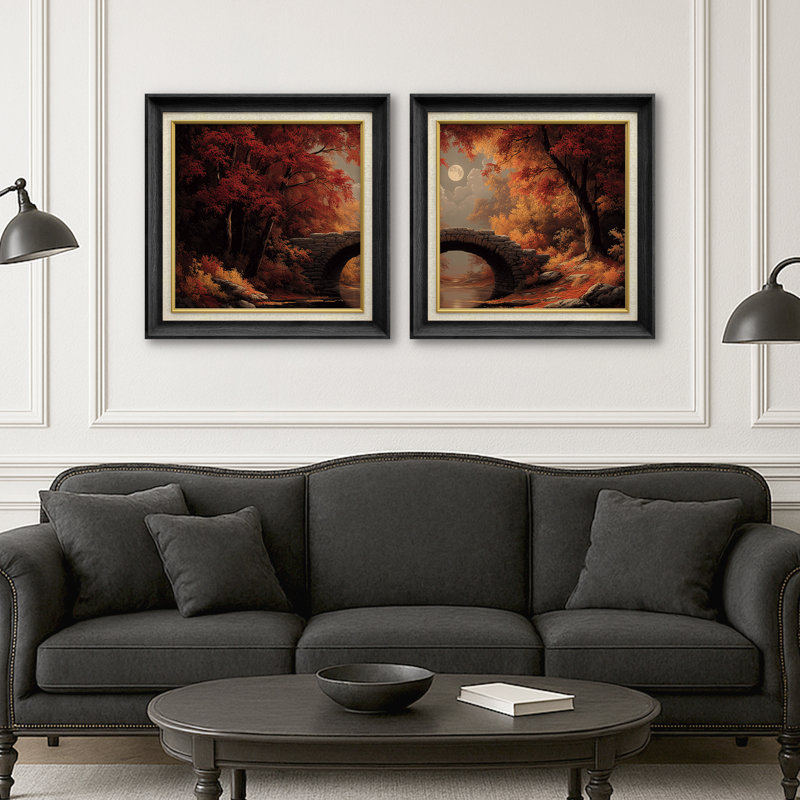 Autumn Forest Moonlight Stone Bridge Landscape - Art mural encadré en papier dans la chambre principale, 2 pièces, Noir