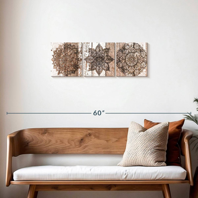 Ensemble de 3 mandalas sur bois sur toile, H 12 po x l 38 po x P 1,25 po