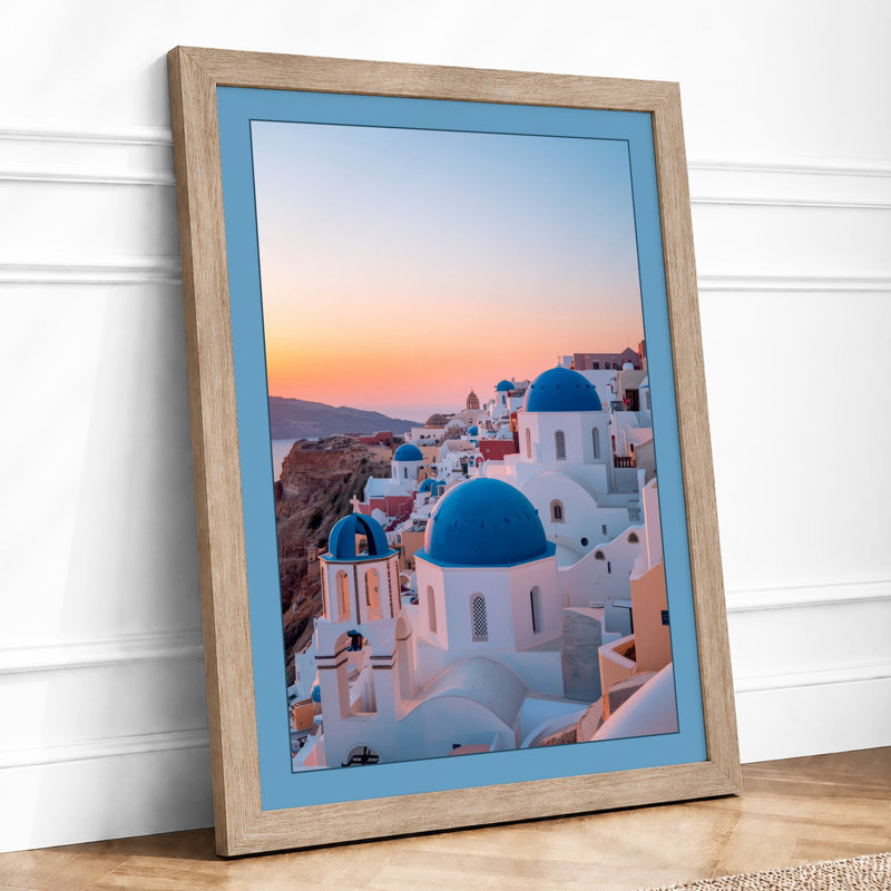 Santorini at Sunset Coastal - Framed Print, A2 - 59.4 x 42.0 cm, Oak