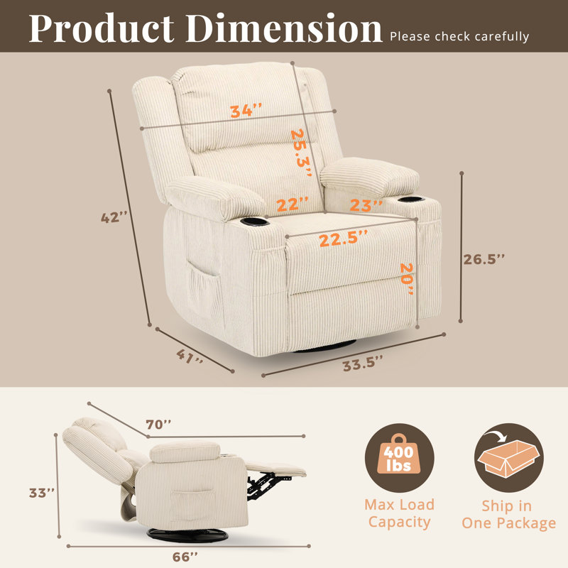 360 Degree Swivel Rocker Recliner Chair with Heat and Massage, Beige