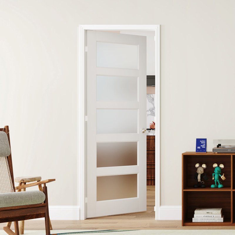 Porte intérieure française pré-suspendue double à 5 panneaux en verre givré de style moderne, cadre réglable, bois massif et bois manufacturé blanc avec cadre et poignée (ensemble de 2)