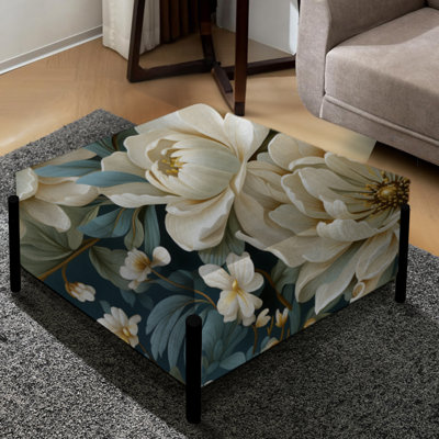 Grand repose-pieds carré beige et vert en damas naturel Serenity