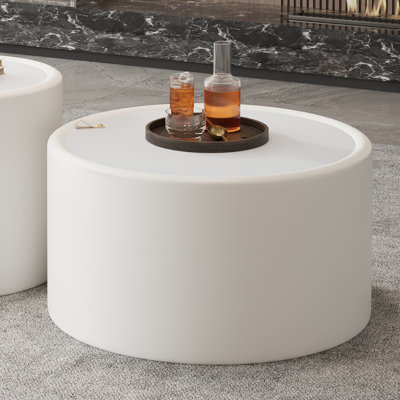 Table basse ronde blanche avec plateau en verre trempé, corps en cuir PU et rangement caché pour le salon, table d'appoint moderne