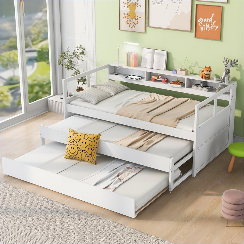 Multi-Functional Storage Solid Wood Platform Daybed, Twin XL Size with Dual Trundles and USB Charging, White-Toned