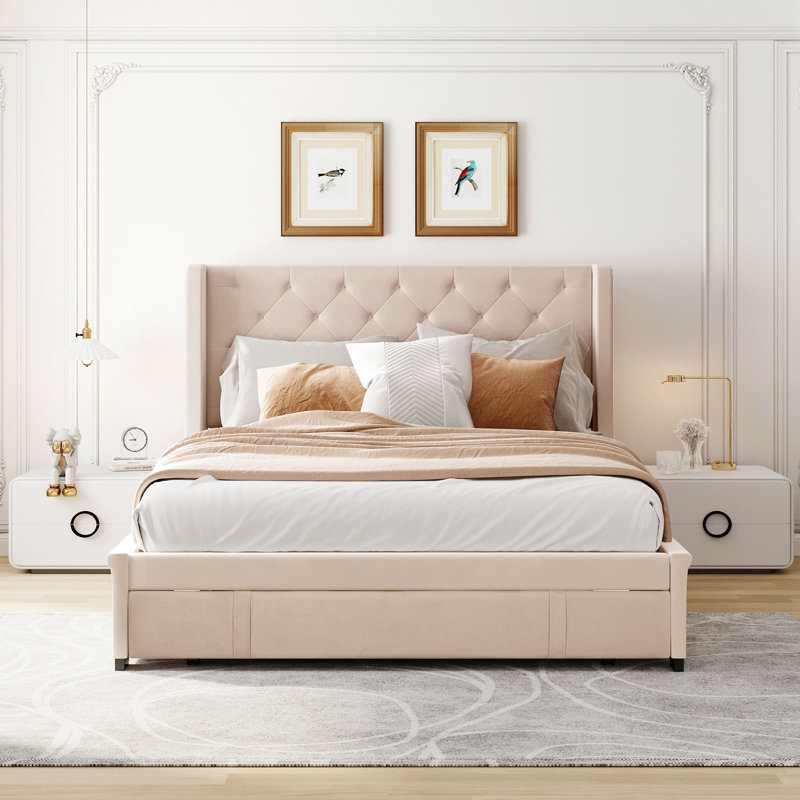Size Storage Bed Velvet Upholstered Platform Bed With Wingback Headboard And A Big Drawer, Beige