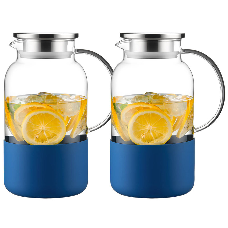 Deux paquets, pichet à eau avec base en silicone 61 oz / 1,8 l, pichet en verre chaud et froid avec couvercle et poignée, carafe en verre avec couvercle pour café, jus, limonade et lait
