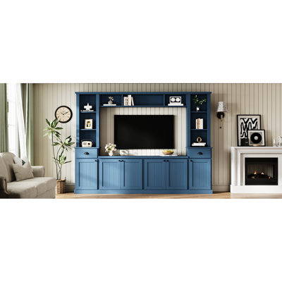 Blue Contemporary Entertainment Wall Unit With Bridge For 75'' Tvs, All - In One Adjustable Height Tv Stand Minimalist Media Console And Ample Storage,
