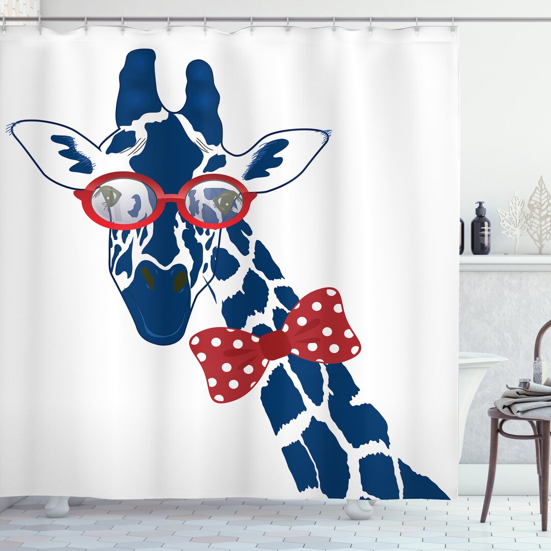 Duschvorhang, Long Neck mit Bowtie, Giraffe, Blau Vermilion und Weiß