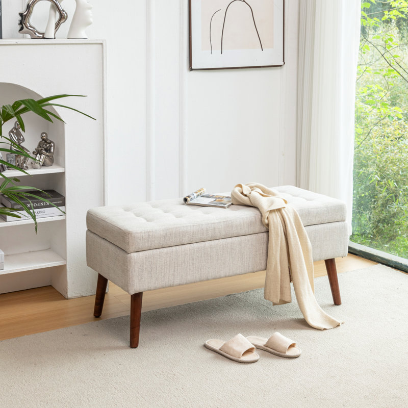 Tufted Storage Ottoman Bench | Solid Wood Legs, Safety-Hinged Lid for Bedroom End of Bed & Entryway, Off White