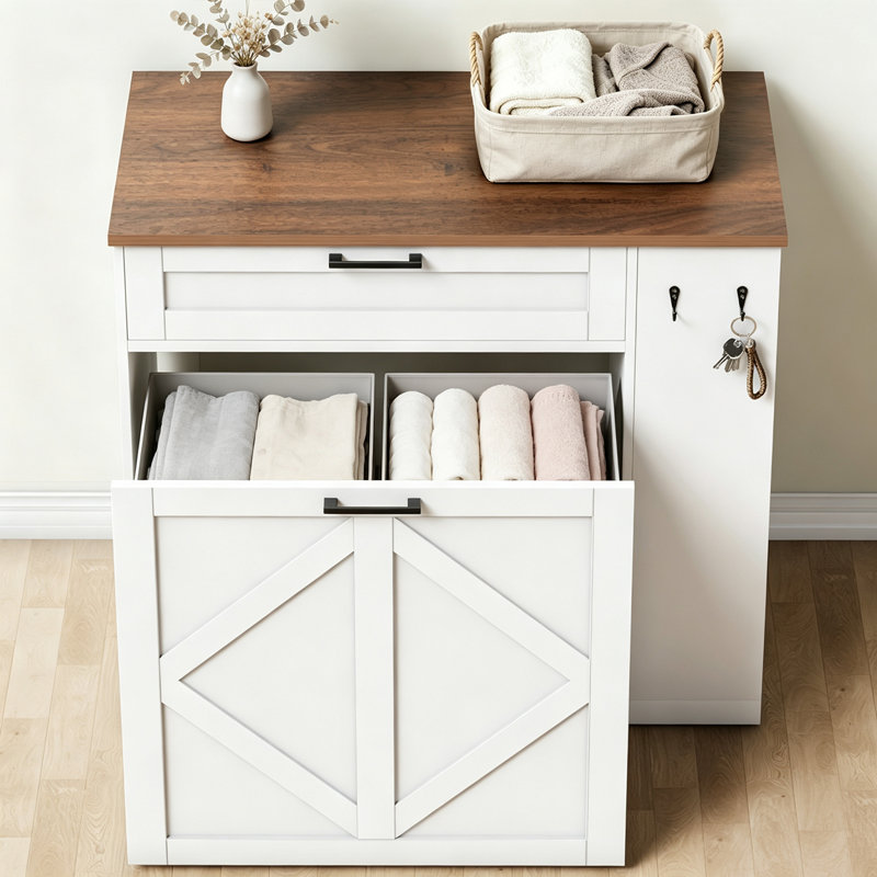 Armoire à linge coulissante avec 2 paniers de 42 litres, tablettes réglables, crochets et tiroir, White/Brown