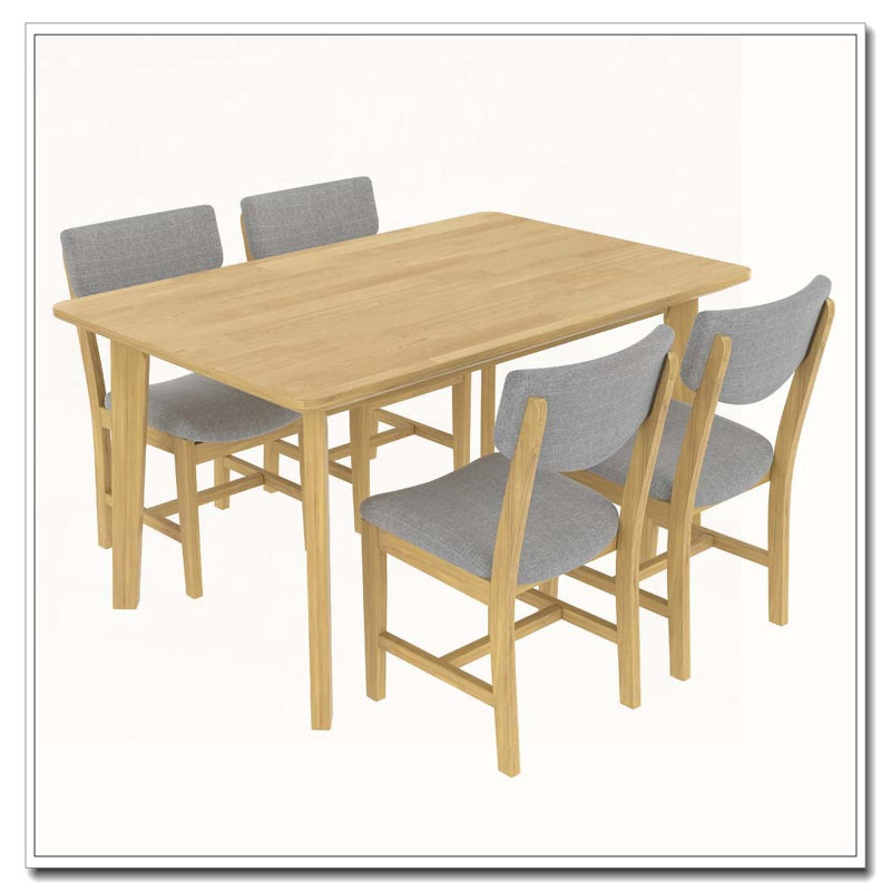 Ensemble de salle à manger 5 pièces - 1 table en bois massif + 4 chaises rembourrées, Naturel