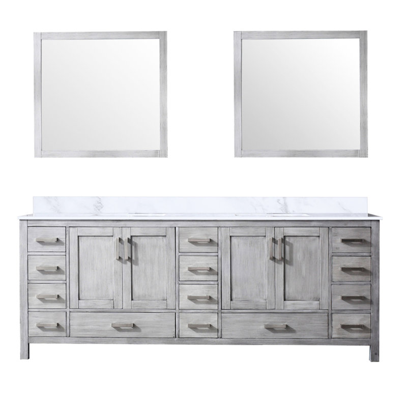 Gris 84 po Meuble-lavabo X 22 avec comptoir en marbre et 34 miroirs - fermeture en douceur, surface à gratter, teinture, deux armoires, quatorze tiroirs, comptoir double l 22 po x P 84 po, miroirs 34 po, tiroirs fermés, grattoir et teinture