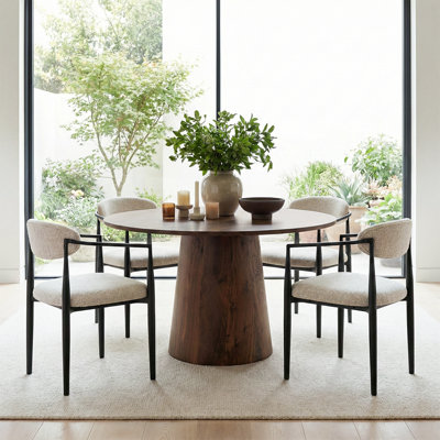 46'' Round Dining Table Set For 4 With Upholstered Arm Chairs, Modern Pedestal Dining Room Set, Wood Grain Kitchen Table And Chairs Set