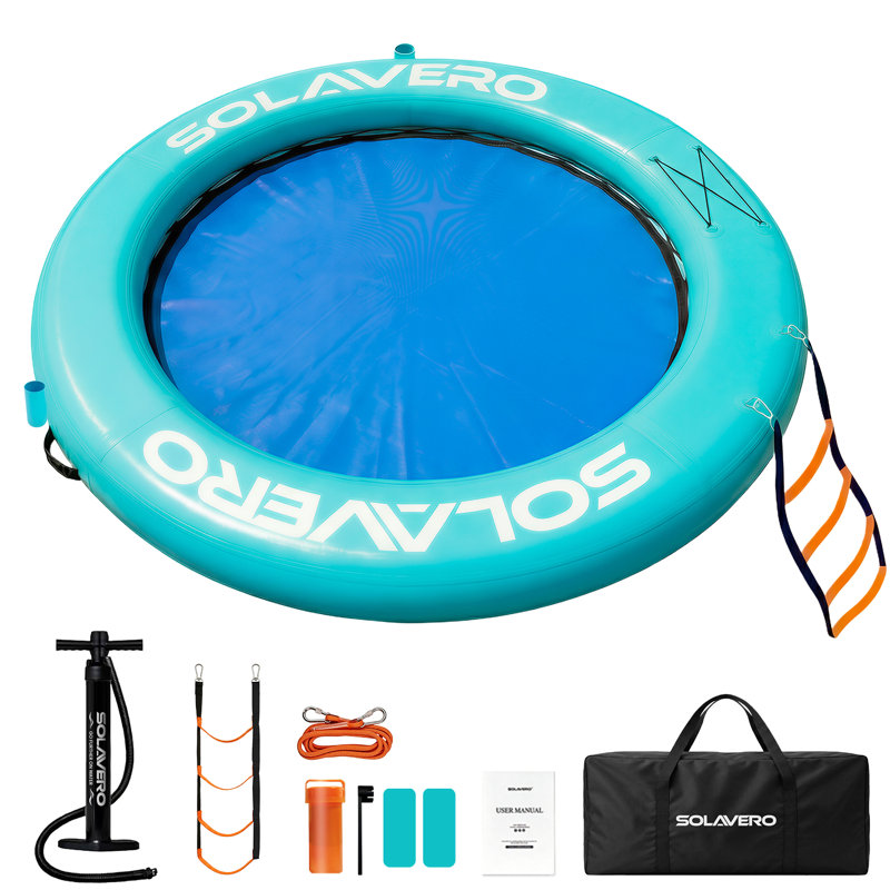 244CM Round Inflatable Water Floating Platform, 3-4 Person Inflatable Swim Raft With Comfortable Center Mesh, Non-Slip Ladder, Cup Holders, Pump, Repair Kit, Carry Bag & Anchor Rope, 300KG Load Capacity, For Pool, Lake, Beach & Yacht, Blue-White