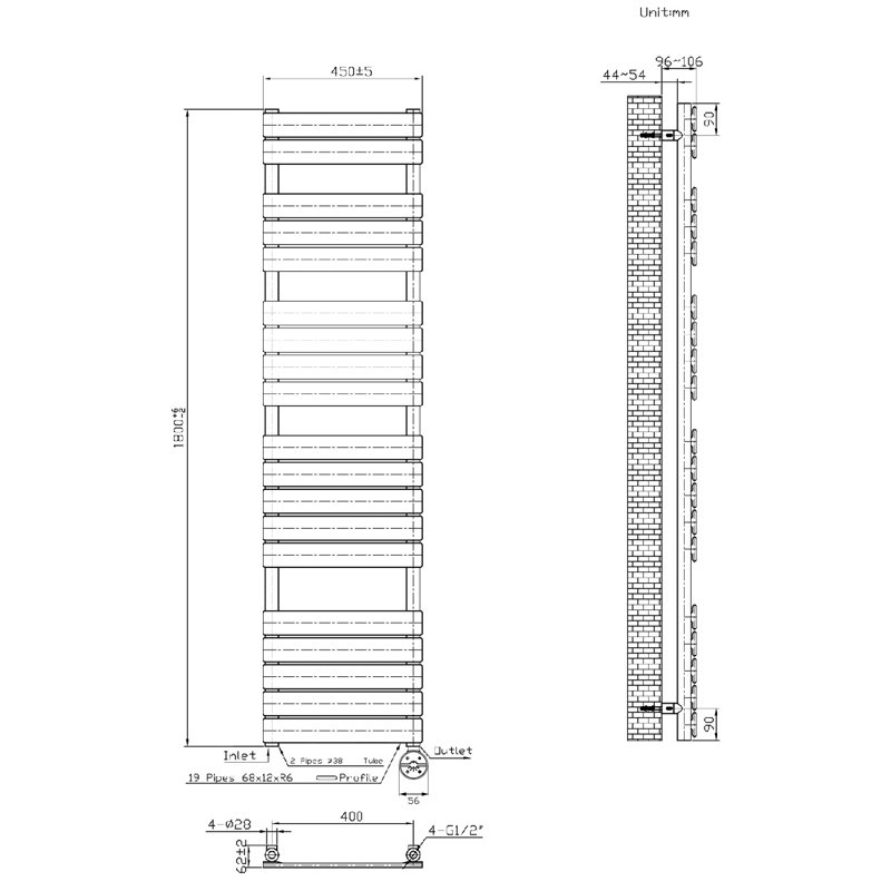 Flat Panel Towel Rail Heated Towel Rails, 180cm H x 45cm W x 6.2cm D, Anthracite