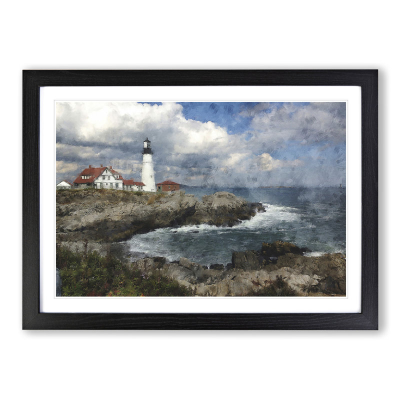 Lighthouse in Maine - Picture Frame Graphic Art, Black Framed, 27cm H x 36cm W x 2cm D
