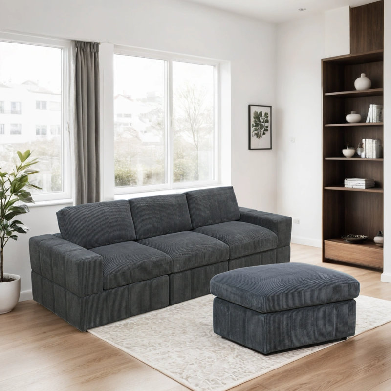 Canapé modulaire réversible en tissu de qualité supérieure avec repose-pieds, Velours côtelé gris foncé