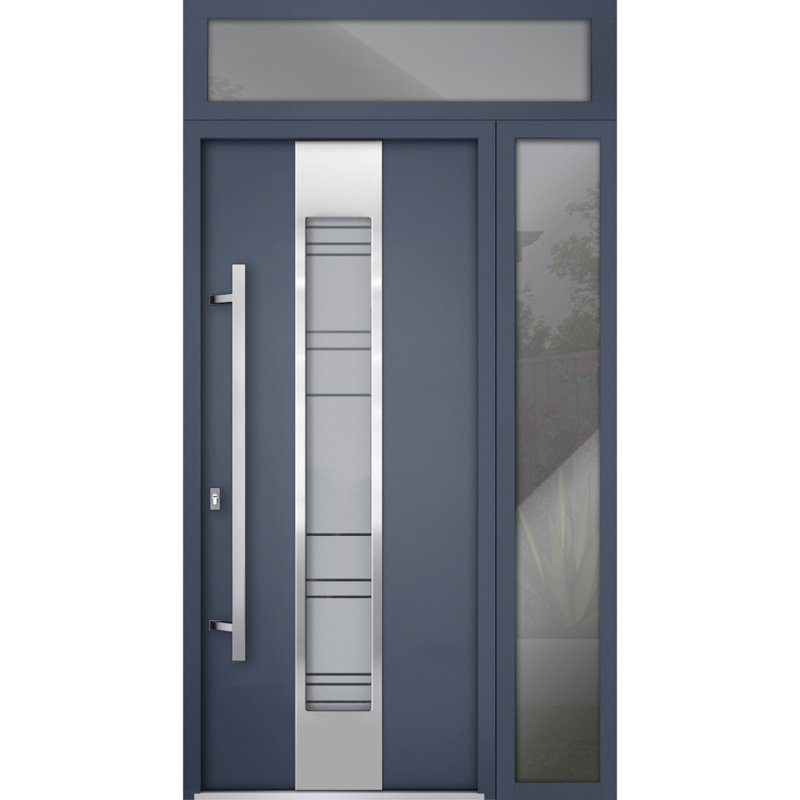 Porte avant en acier pré-suspendue à l'avant / deux graphite gris 0757 / fenêtre extérieure latérale et supérieure / inserts en acier inoxydable peints simples modernes - l 36 po x H 80 po + 16 po - Gauche