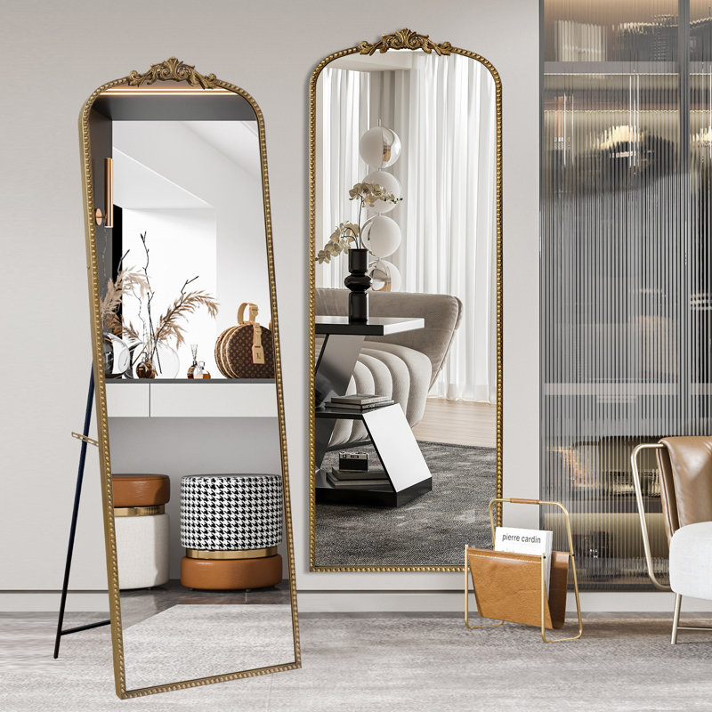 Miroir de plancher arqué antique orné pleine longueur / autoportant, 22 x 65 pouces, or rétro, Vintage Gold, 65 po x 22 po