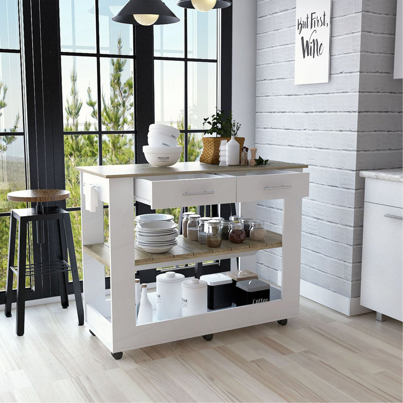 Kitchen Island 36" H, Six Casters, Two Drawers, Two Open Storage Shelves, Towel Hanger