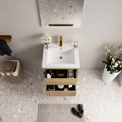 Meuble-lavabo mural 24 po avec lavabo en résine en pierre et quincaillerie de tiroir à fermeture en douceur, bois d'ingénierie entièrement fabriqué de couleur chêne, grand espace de rangement pour les cosmétiques, hauteur du produit 22,27, paquet de 28,5
