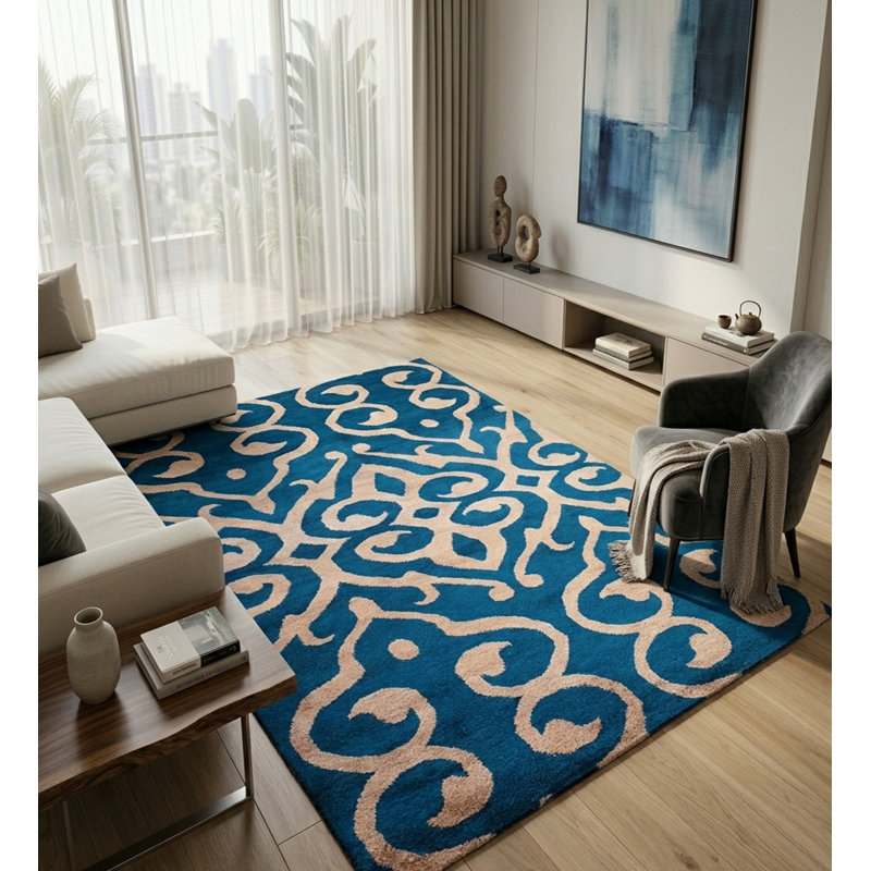 Bleu contemporain | Tapis intérieur beige en soie noué à la main
