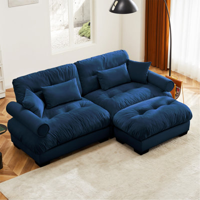 Canapé deux places surdimensionné moderne avec repose-pieds, fauteuil 2 places en velours avec accoudoirs à traversin rond, avec coussin de taille et coussins décoratifs, petit canapé en forme de L pour le salon, salle de lecture bleue