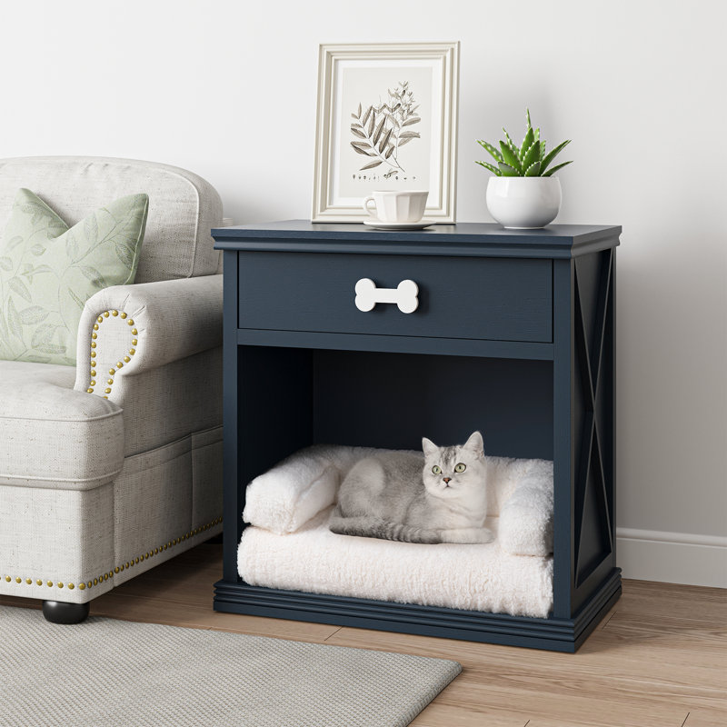 Vintage Small Storage Cabinet With Led Light And Pet Bed, Hidden Cat Litter Box With Drawer And Semi-open Space 
