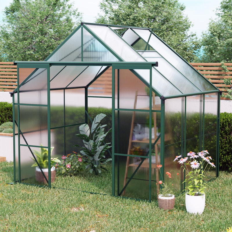 Double Door Polycarbonate Greenhouse Raised Base And Anchor Aluminum Heavy Duty Walk-In Greenhouses, Green