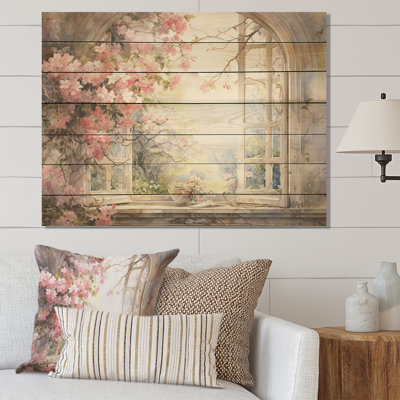 Pink Blossoming Country Window Gaze I - Floral Window On Wood Print