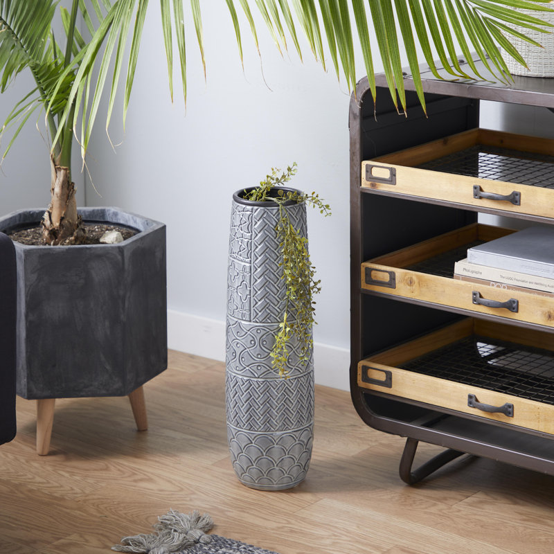 Gray Ceramic Eclectic Decorative Floor Vase with Patterns, 22"