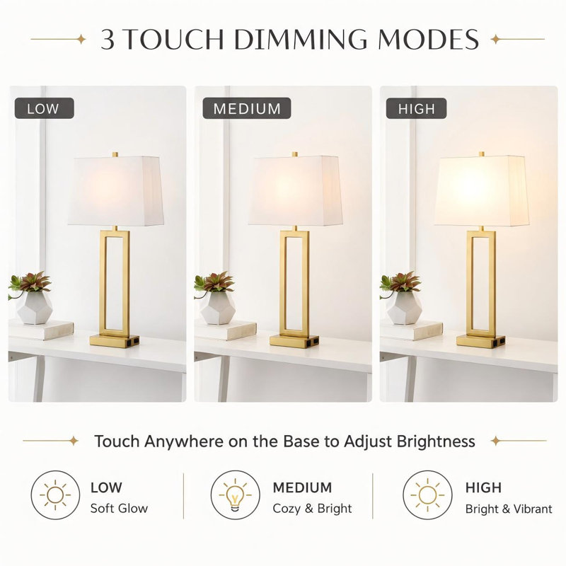 Rogina 28.5" Metal Table Lamp Set with USB Type-C Ports and Built-in Outlet, White, Brushed Gold
